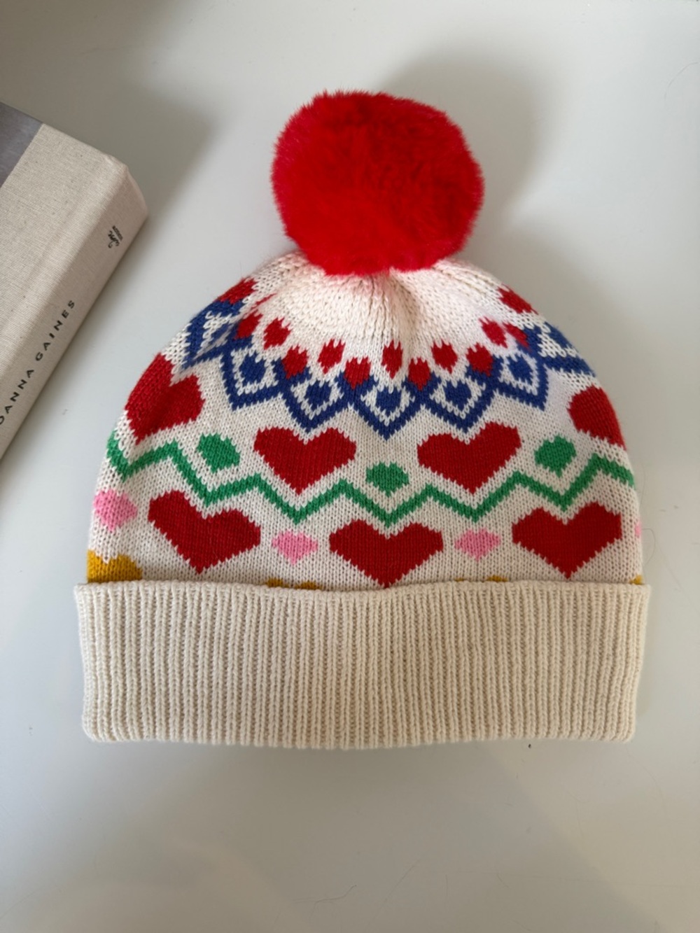 Old Navy Cream Beanie with Red Pom and Multicolored Hearts